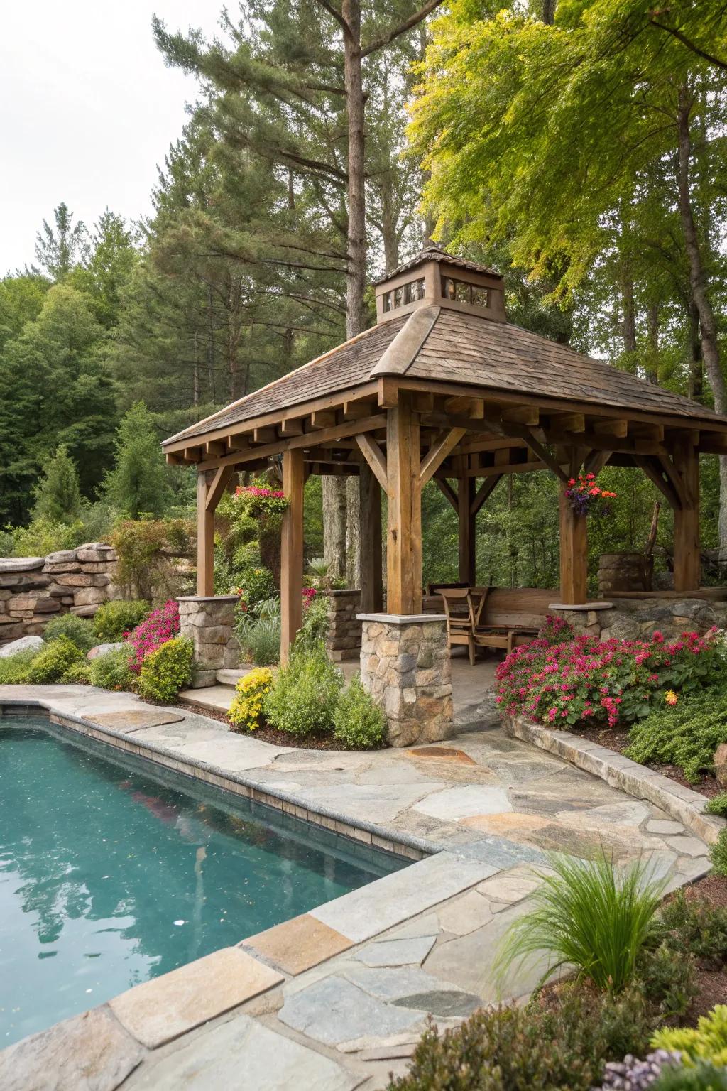 Create a cozy woodland escape with a rustic wood gazebo.