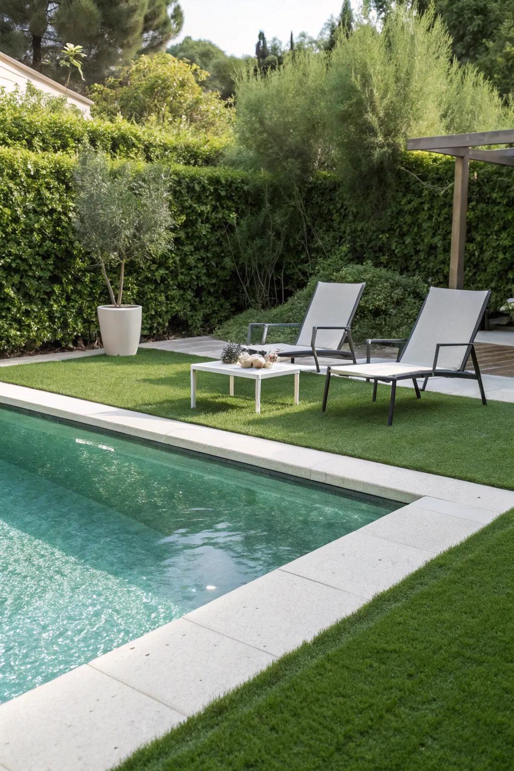 A chic pool area with maintenance-free artificial grass.