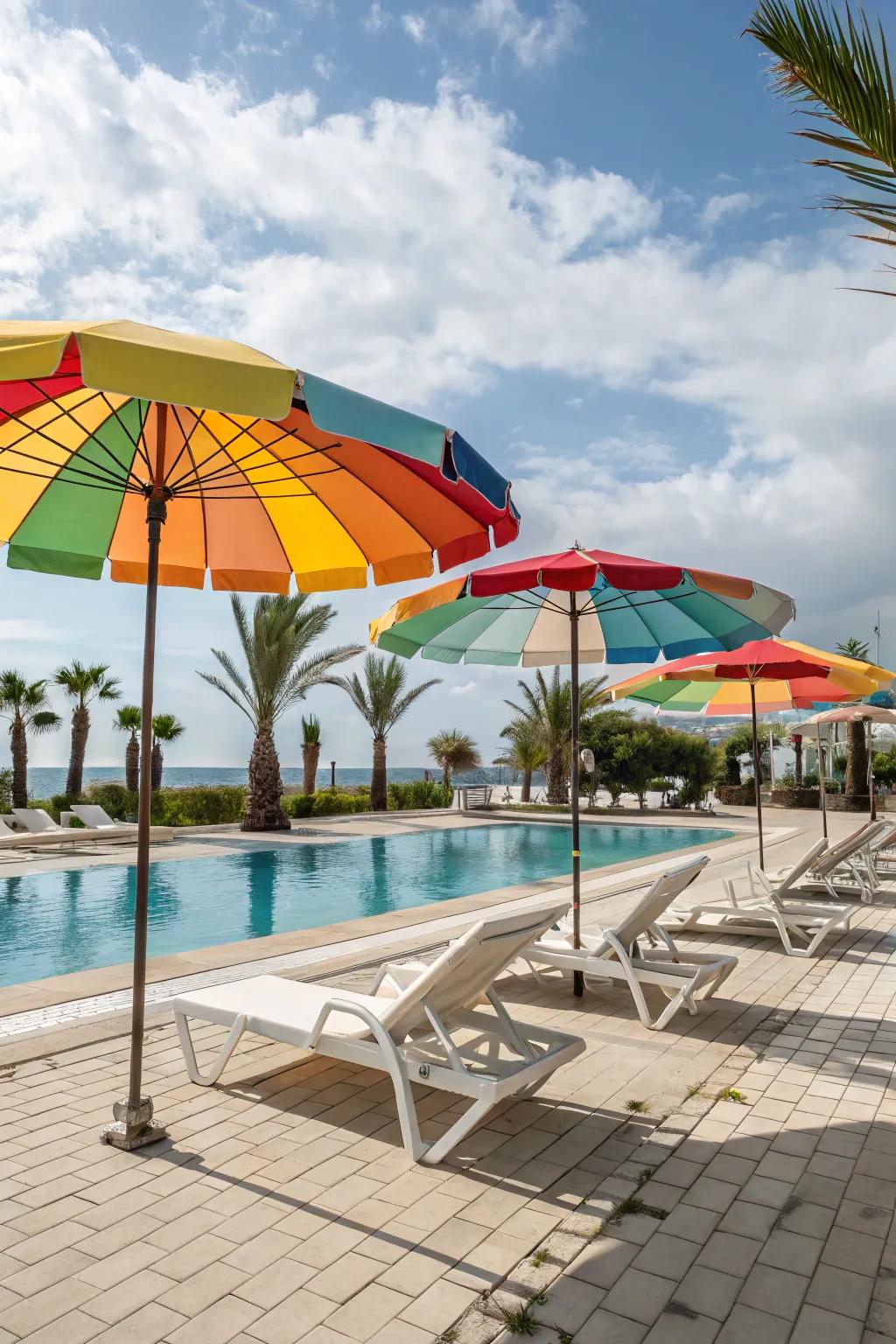Umbrellas offer both shade and style by the pool.