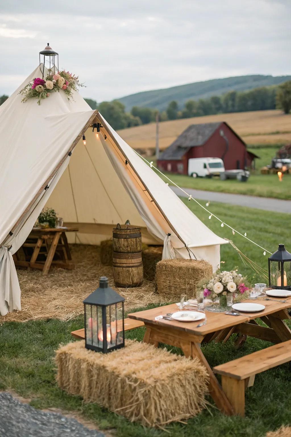Rustic elegance with a farmhouse-inspired pop-up tent setup.