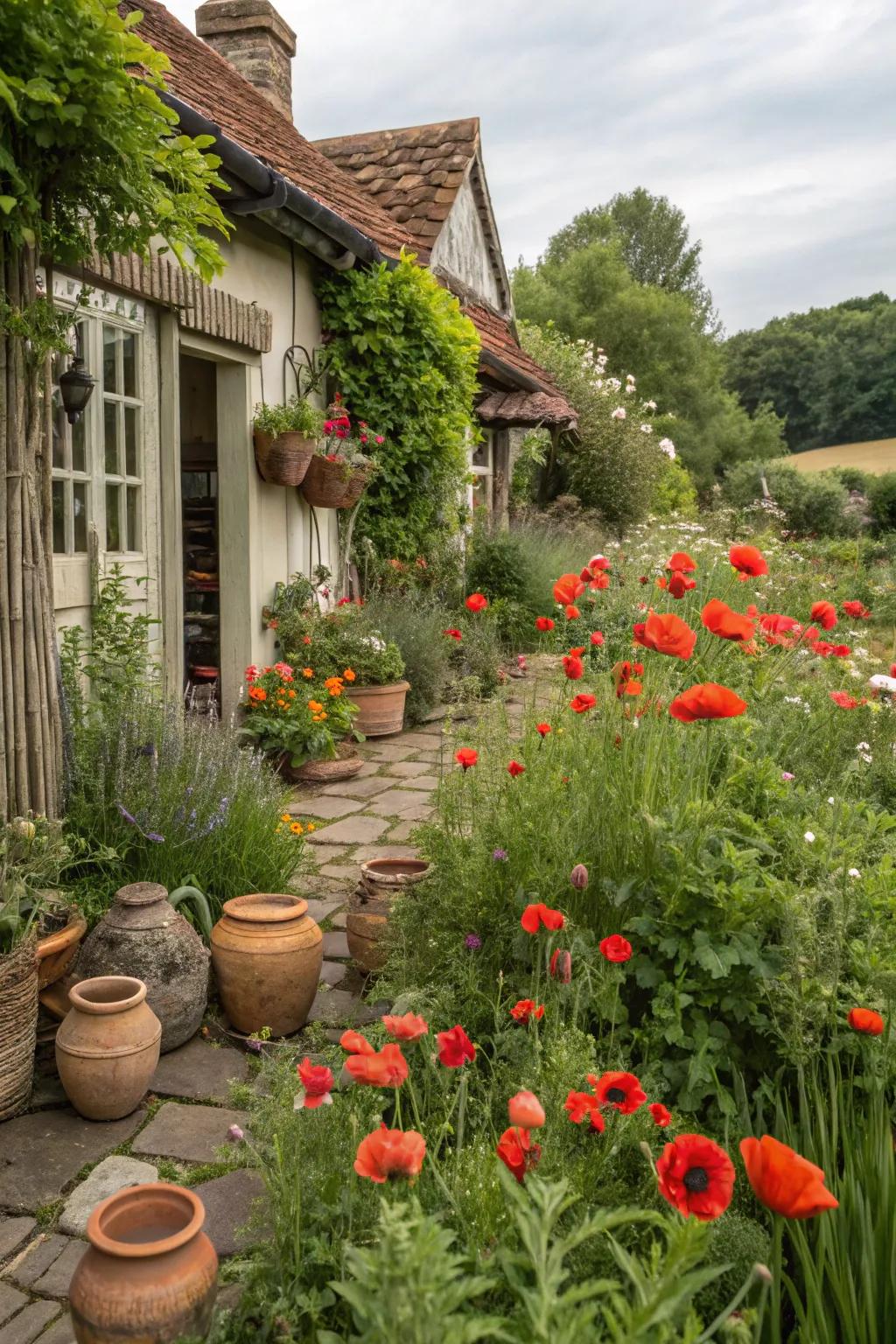 A charming cottage garden with poppies and rustic decorative elements.