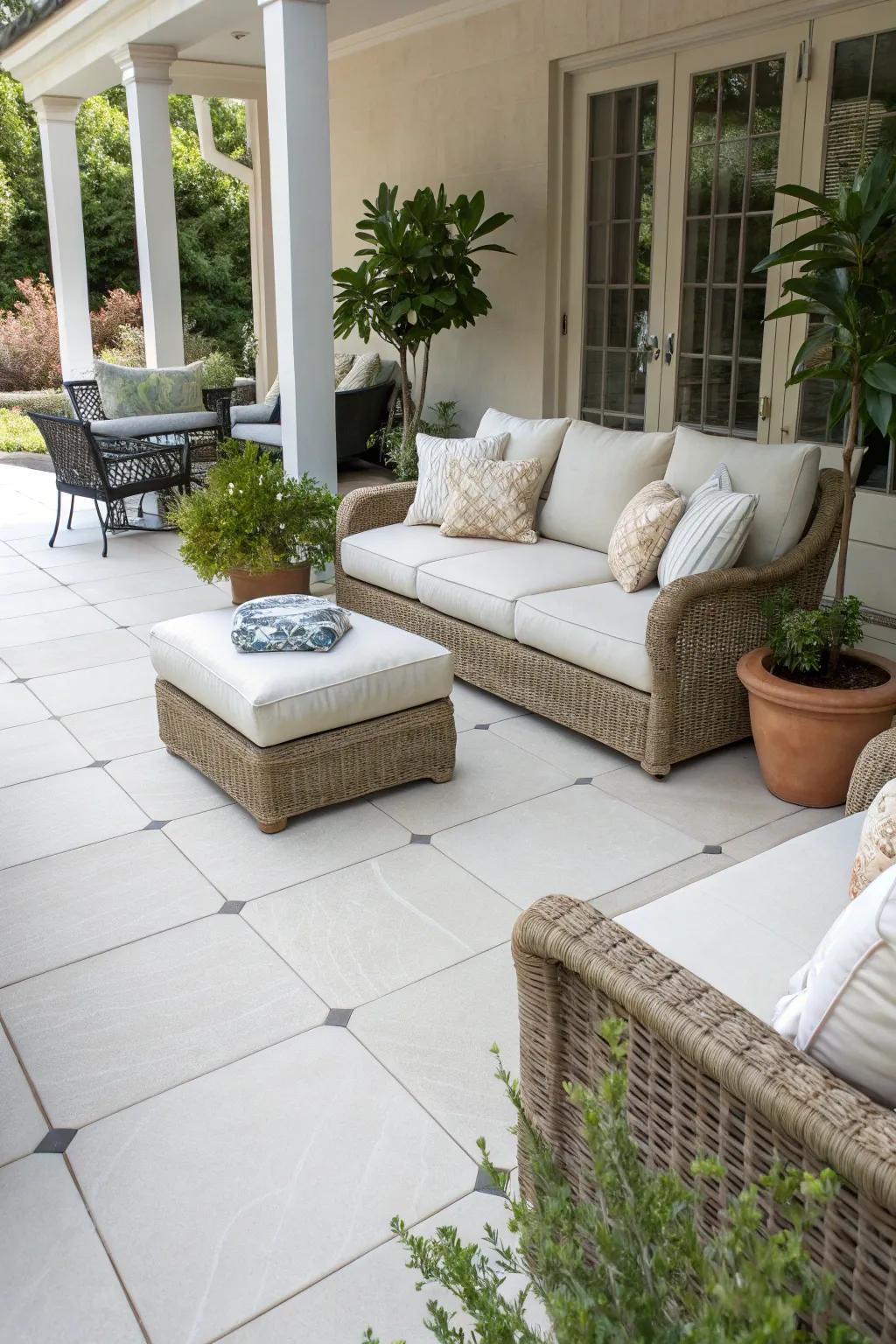 Cozy outdoor furniture enhancing the charm of a porcelain patio.