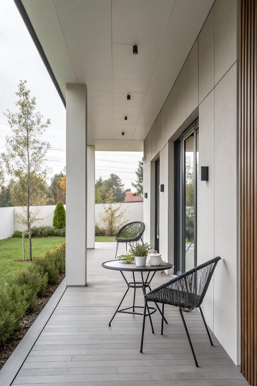 A modern minimalist porch with sleek lines and neutral tones