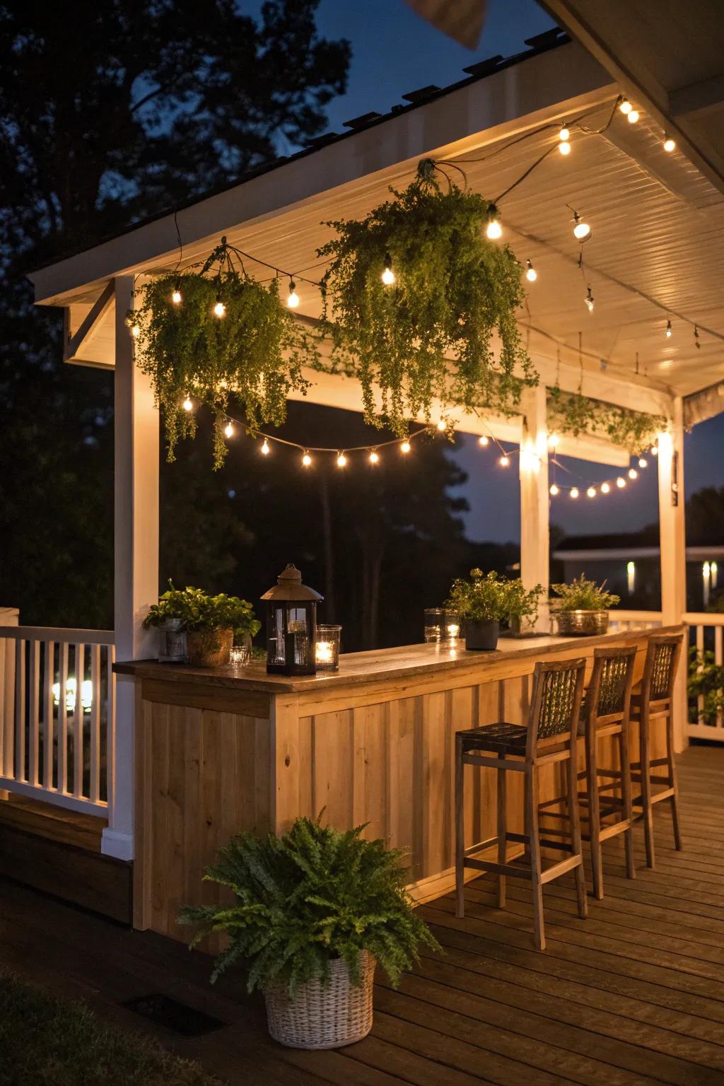 String lights add a warm and magical glow to your porch bar.