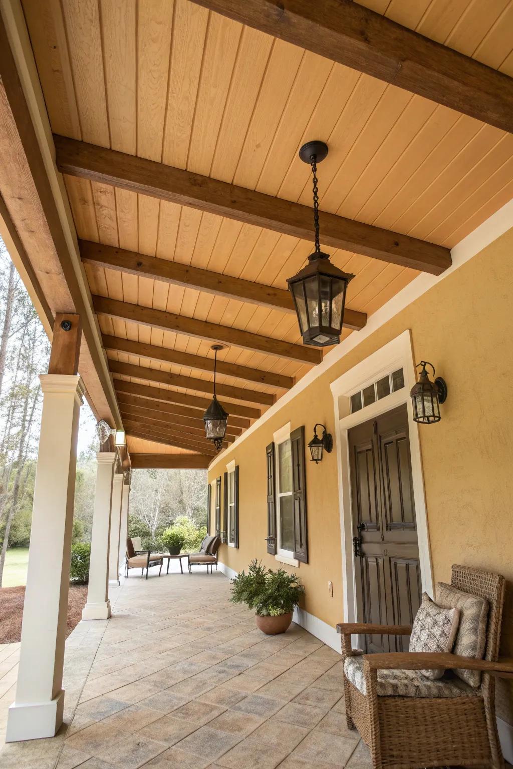 Warm sand tones create a cozy, inviting porch environment.