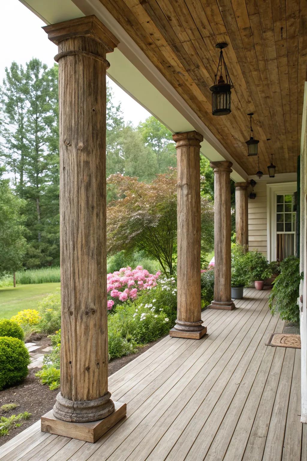 Rustic wooden wraps bring warmth and charm to porch columns.