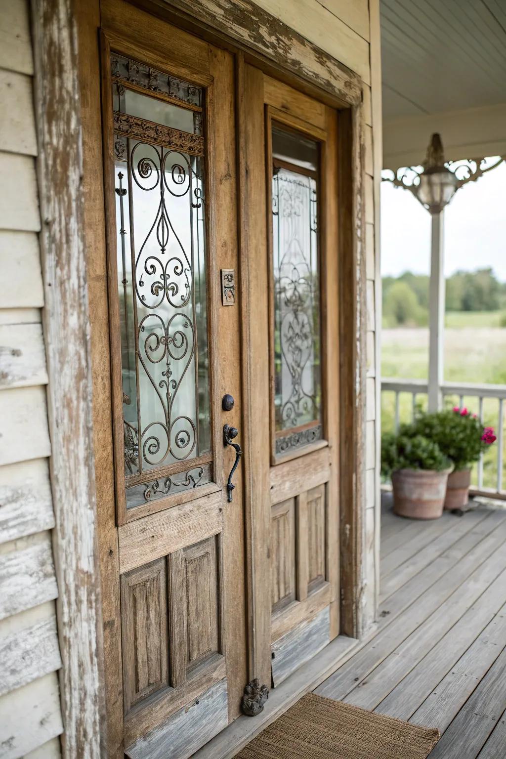 A charming wooden porch door with classic decorative glass inserts.
