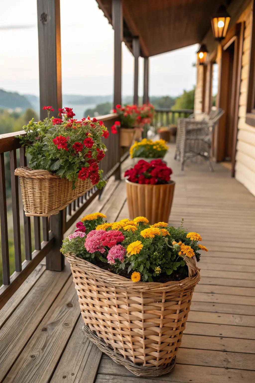 Rustic wicker baskets serving as charming flower pots on a porch.