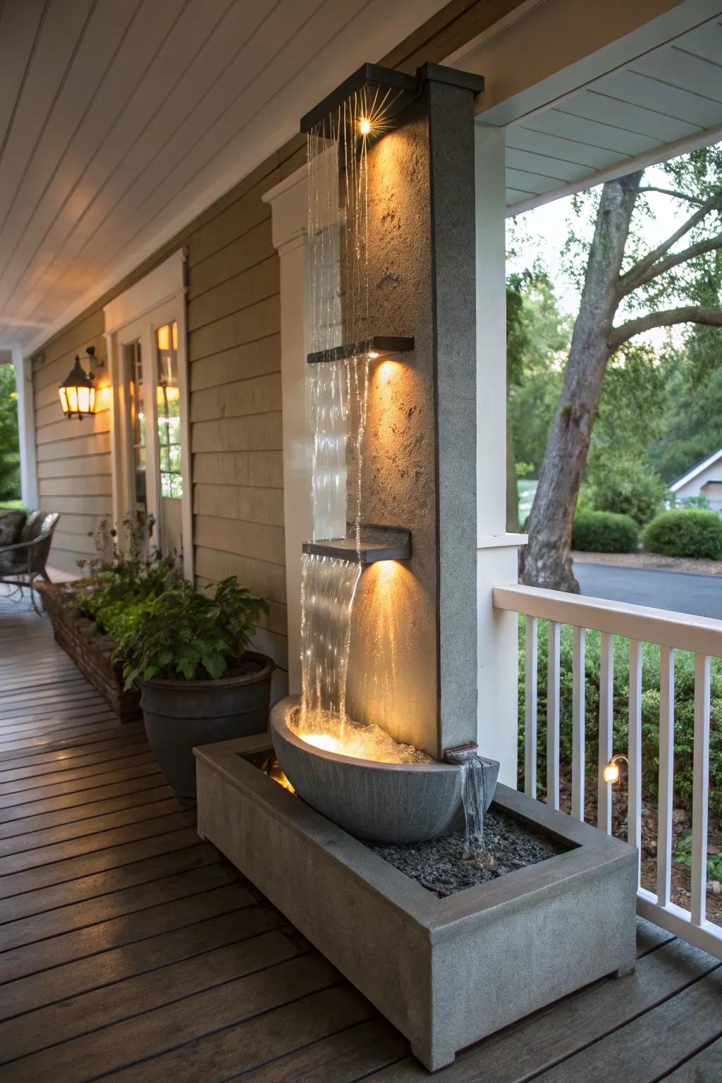 A sleek wall-mounted fountain adds modern flair to the porch.