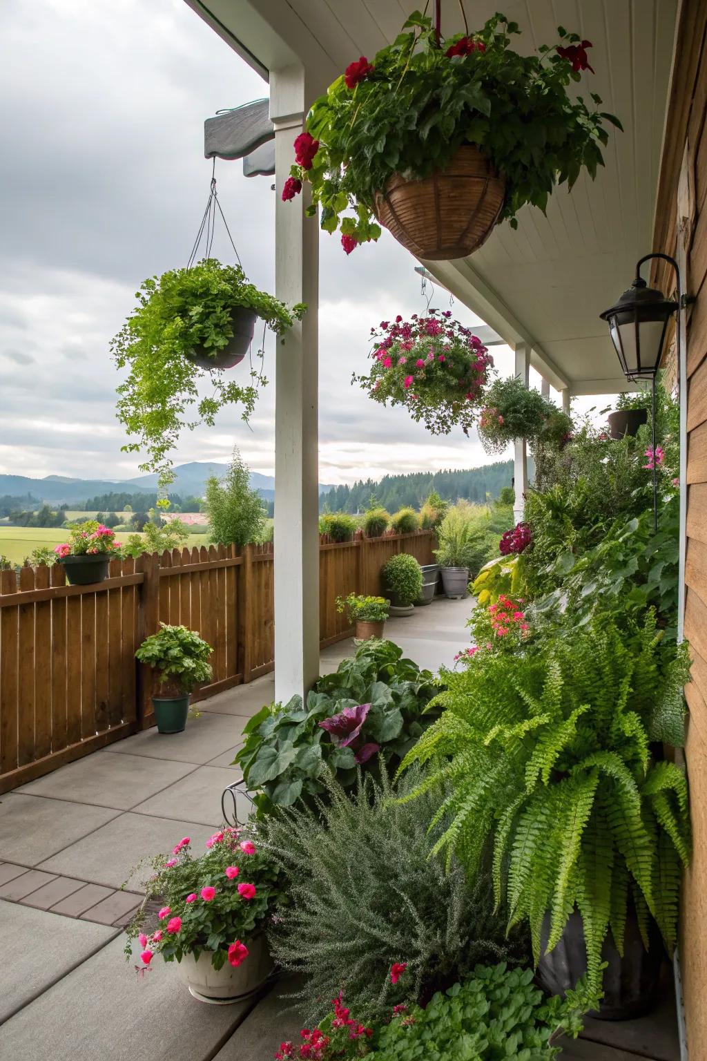 A lush porch filled with a variety of potted plants for a touch of nature.