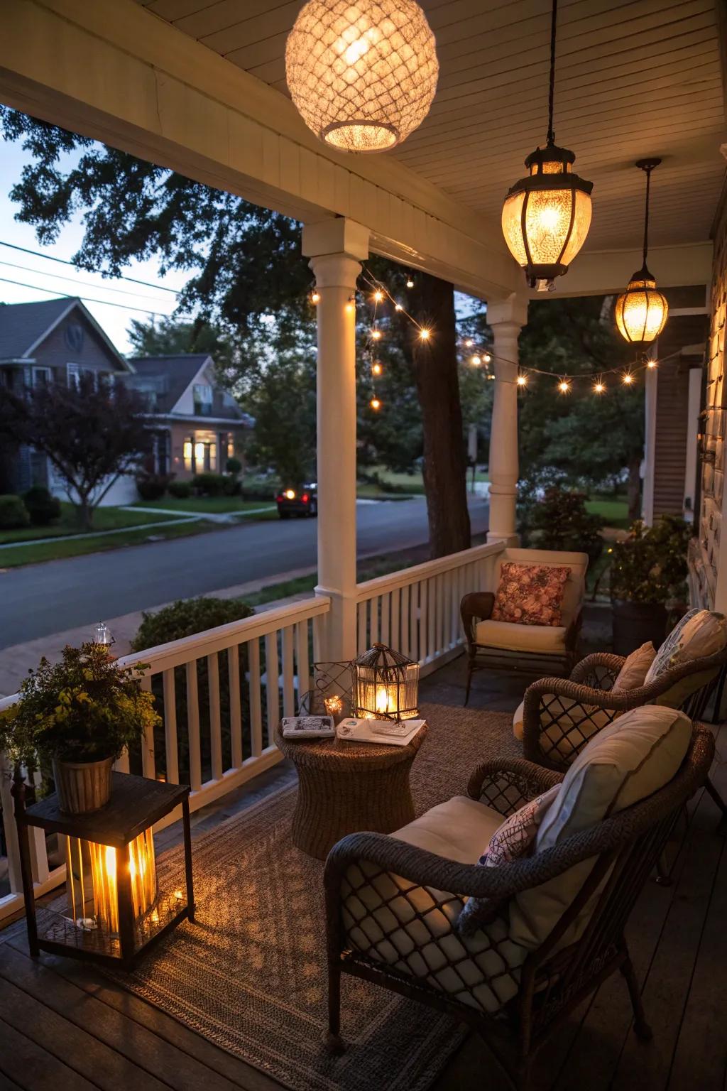 Lanterns create a magical ambiance for a relaxing evening on the porch.