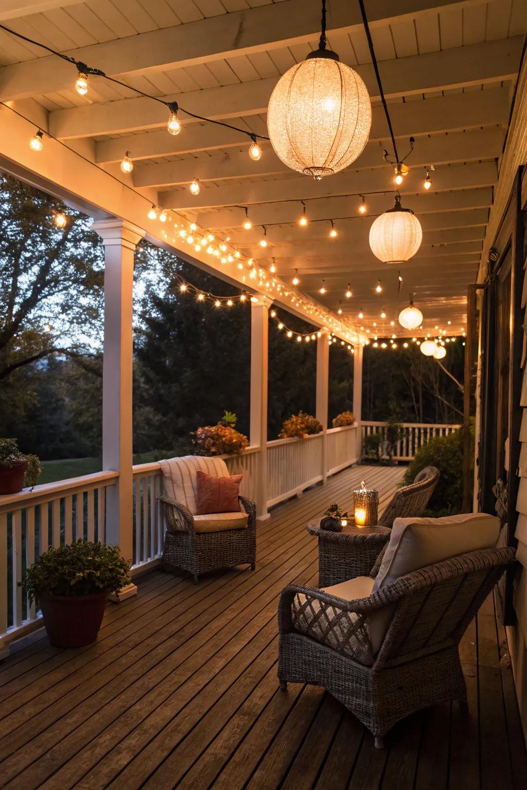 String lights and lanterns set the mood for a cozy evening.