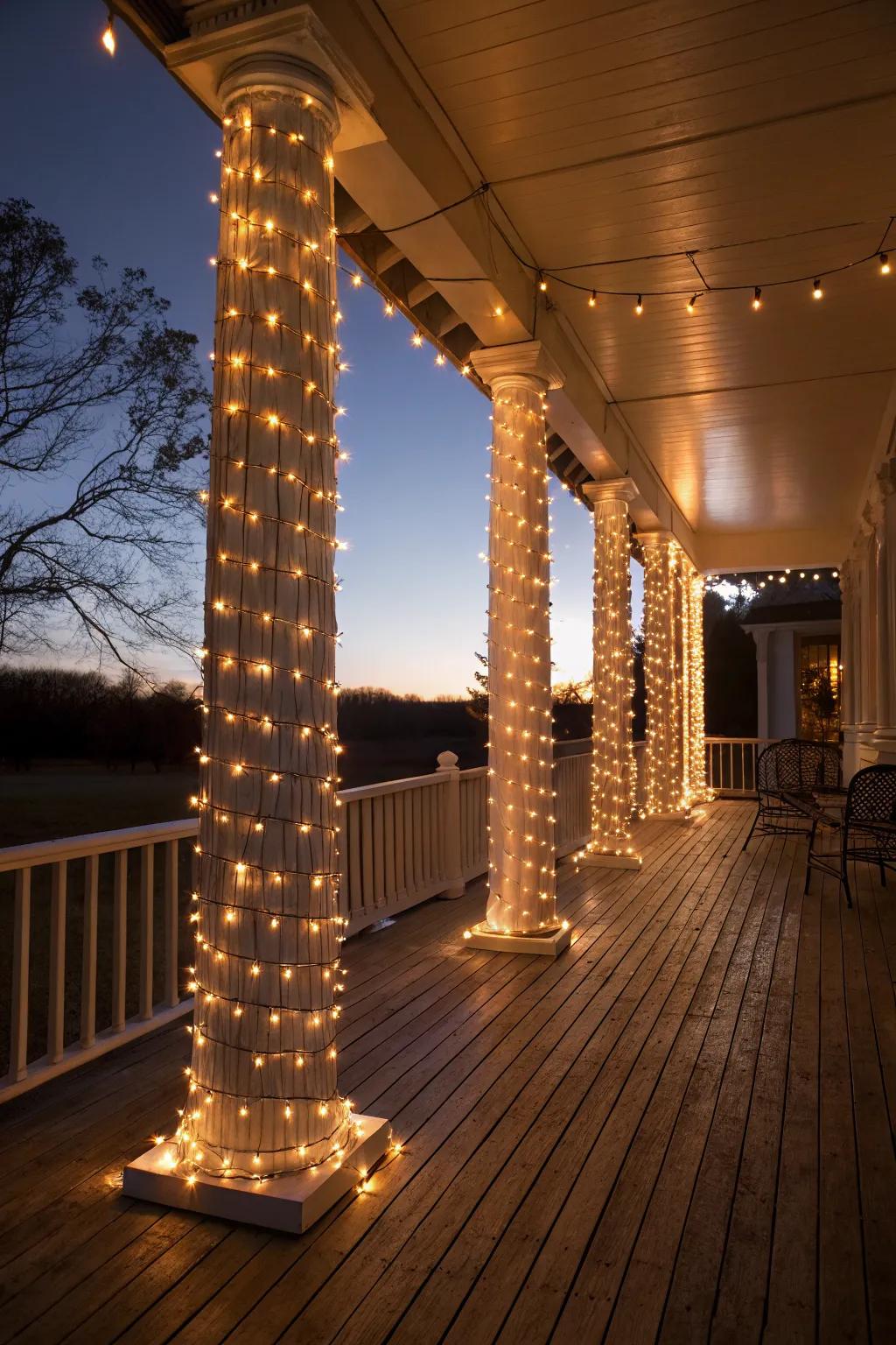 Wrap columns with lights to enhance architectural features and add a cozy touch.