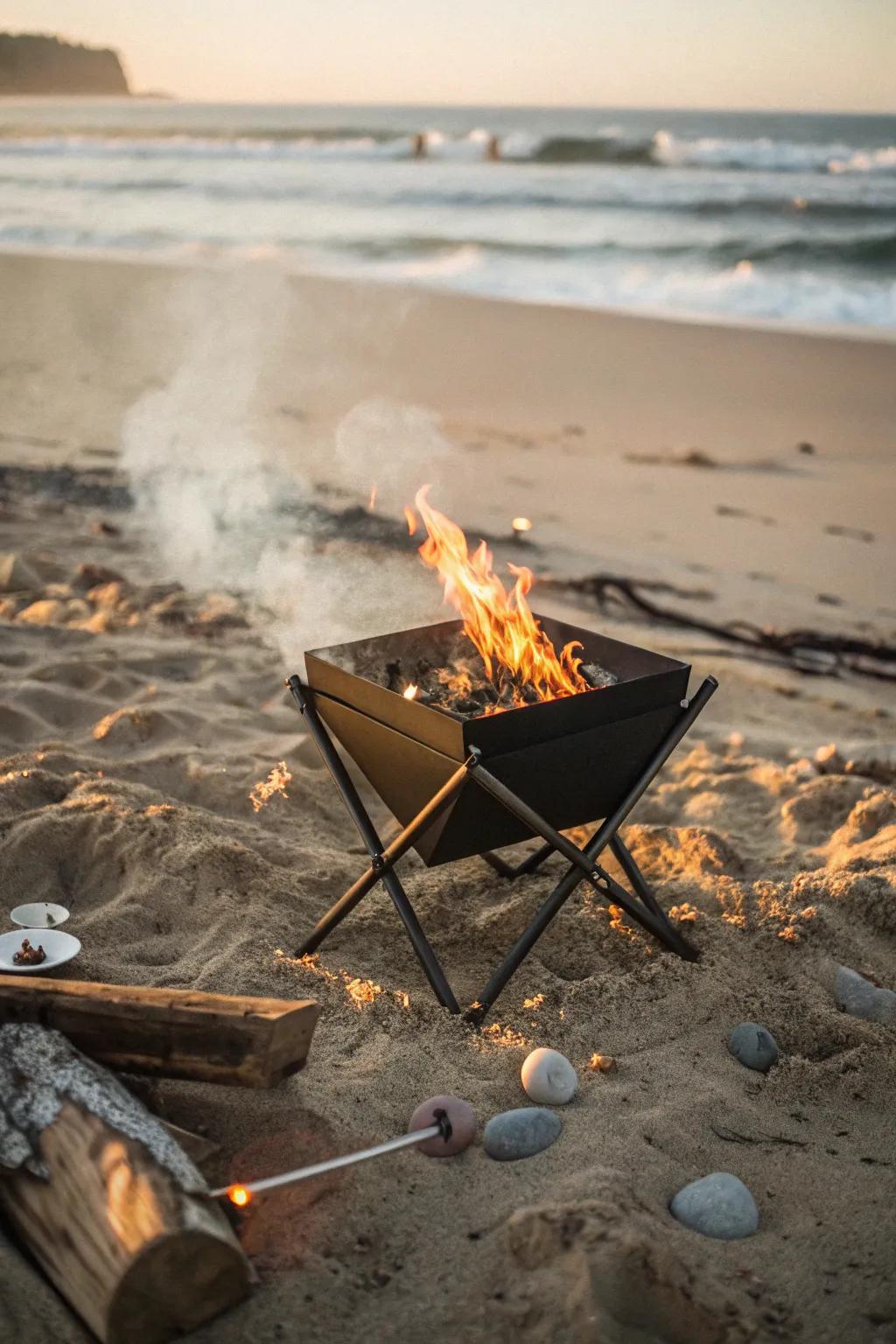 Collapsible box fire pits are perfect for beach outings.