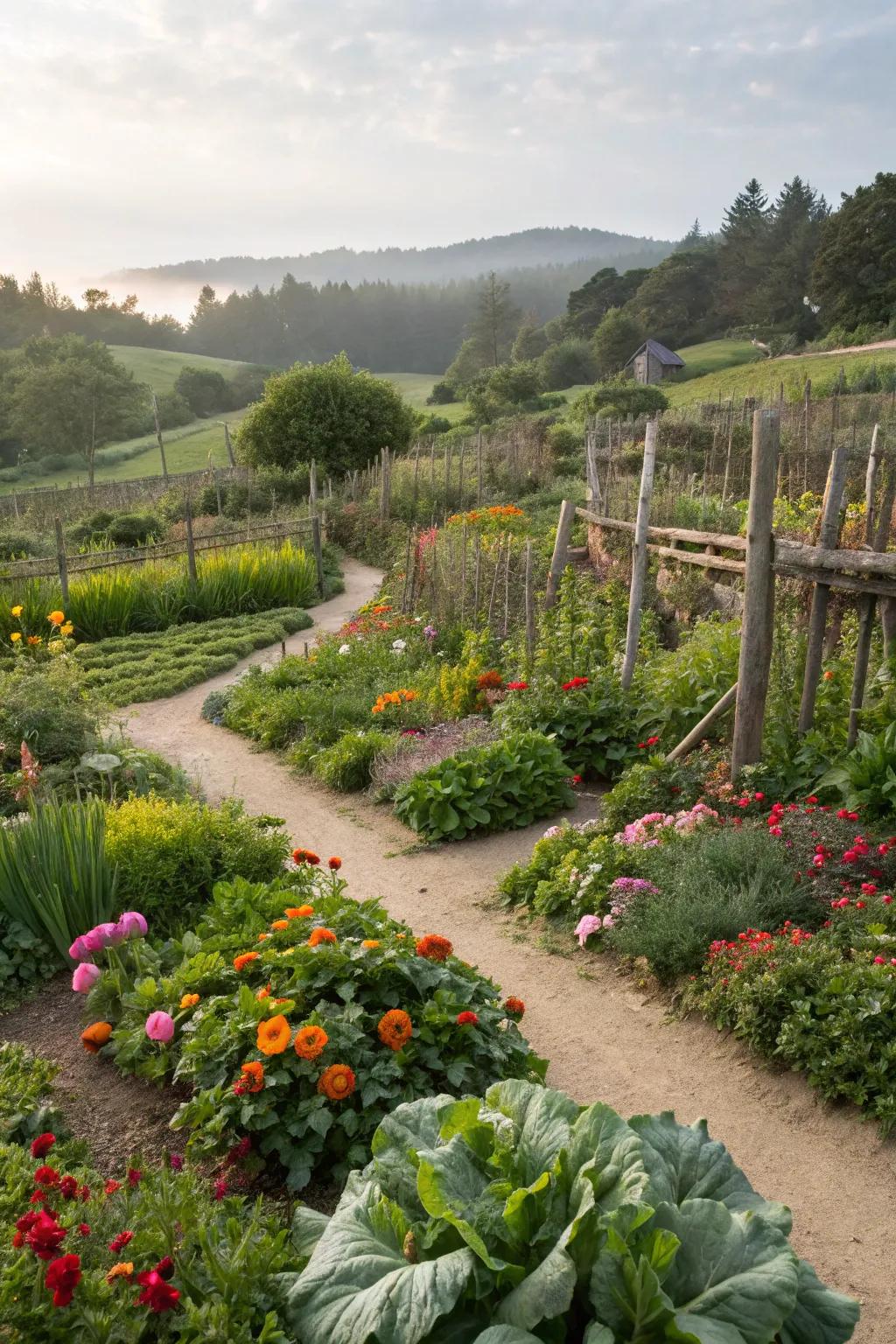A colorful blend of flowers and veggies in a potager garden.