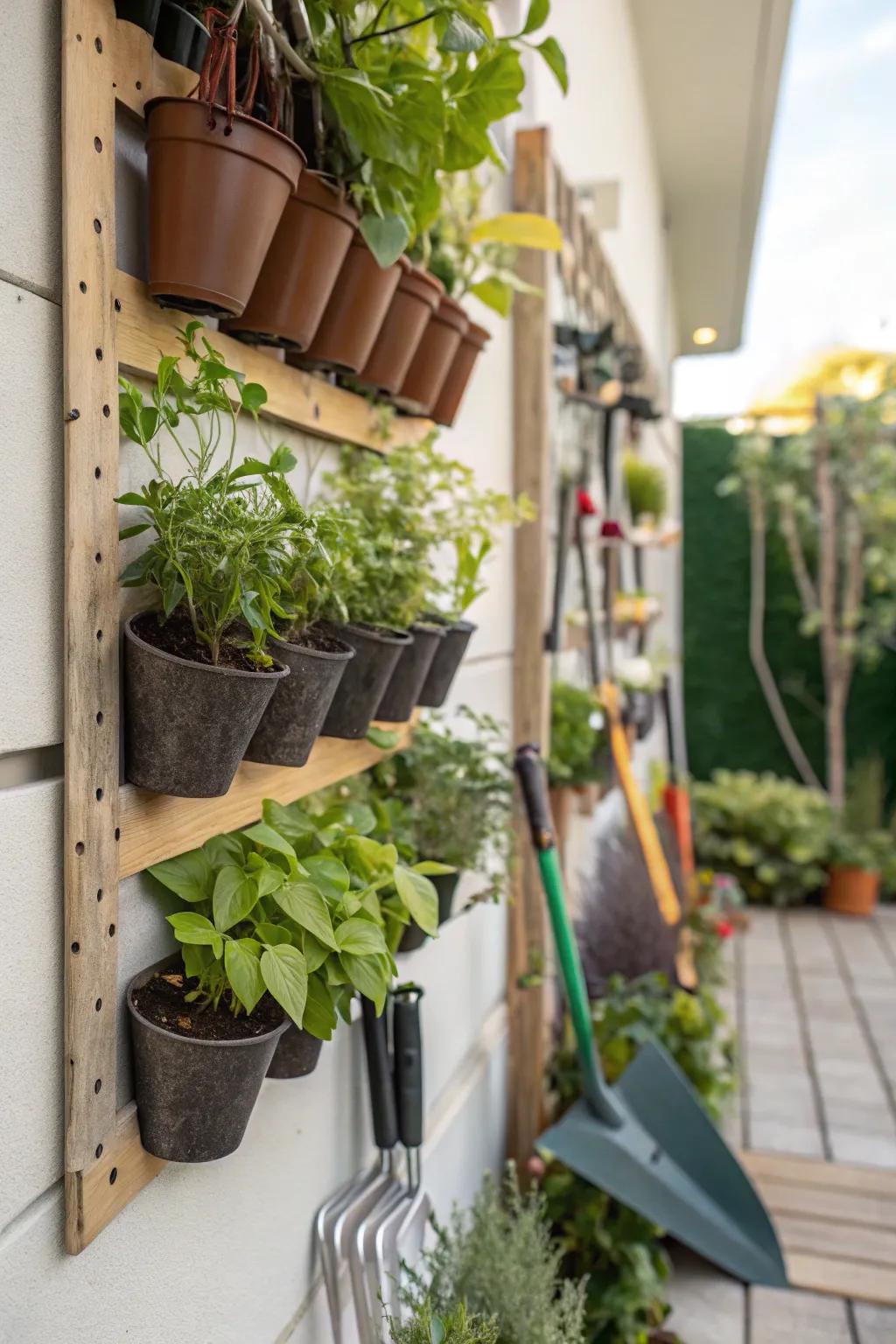 A vertical garden wall adds greenery and organization.