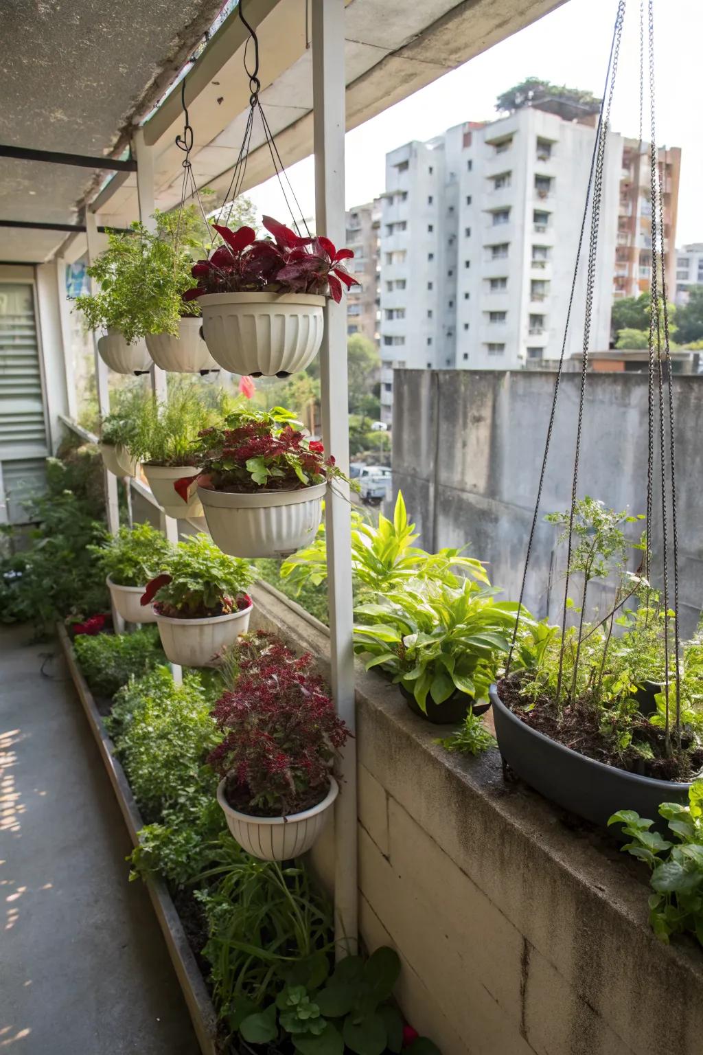 A vertical garden potting station maximizing space in a small urban garden.