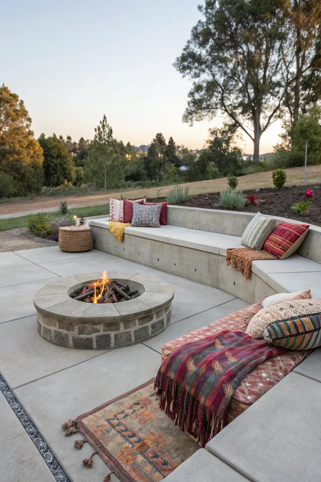Stylish built-in seating surrounds an inviting fire pit.