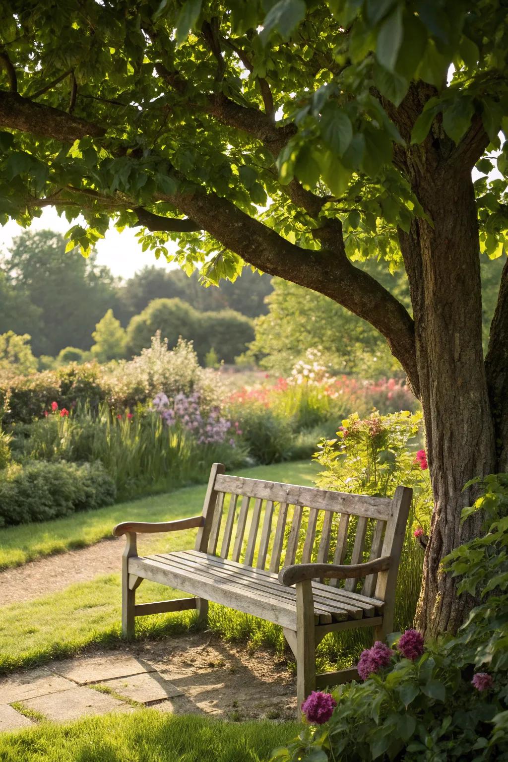 A wooden bench under a tree, offering a peaceful seating area in the garden.