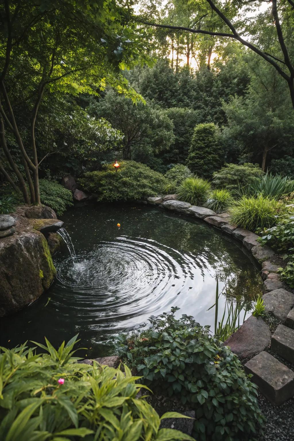 A preformed pond enveloped by vibrant greenery, creating a peaceful retreat.