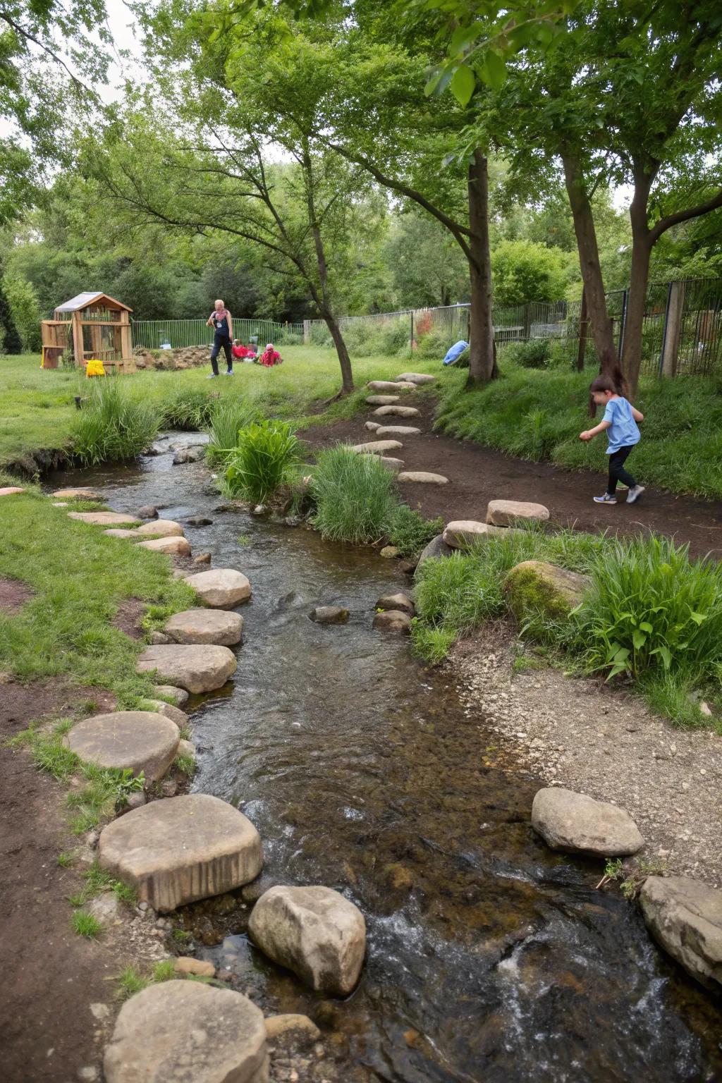 A miniature stream with stepping stones, inviting preschoolers to explore water play.