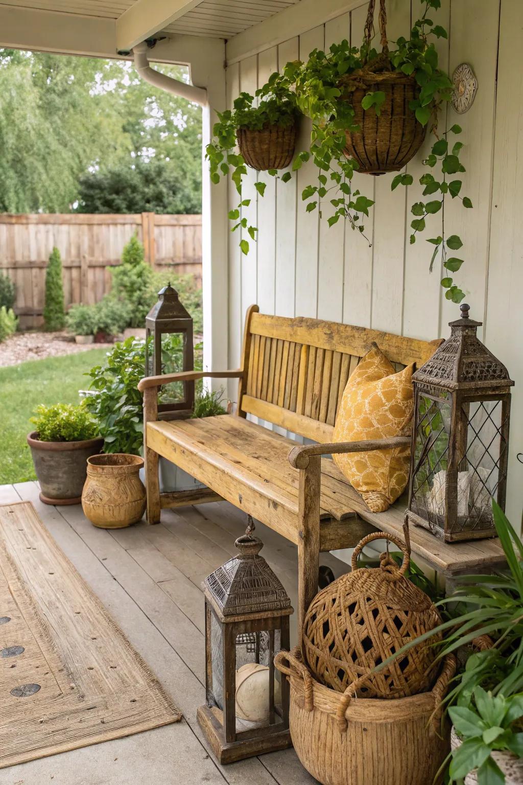 A porch featuring a natural wood bench with rustic decor elements.