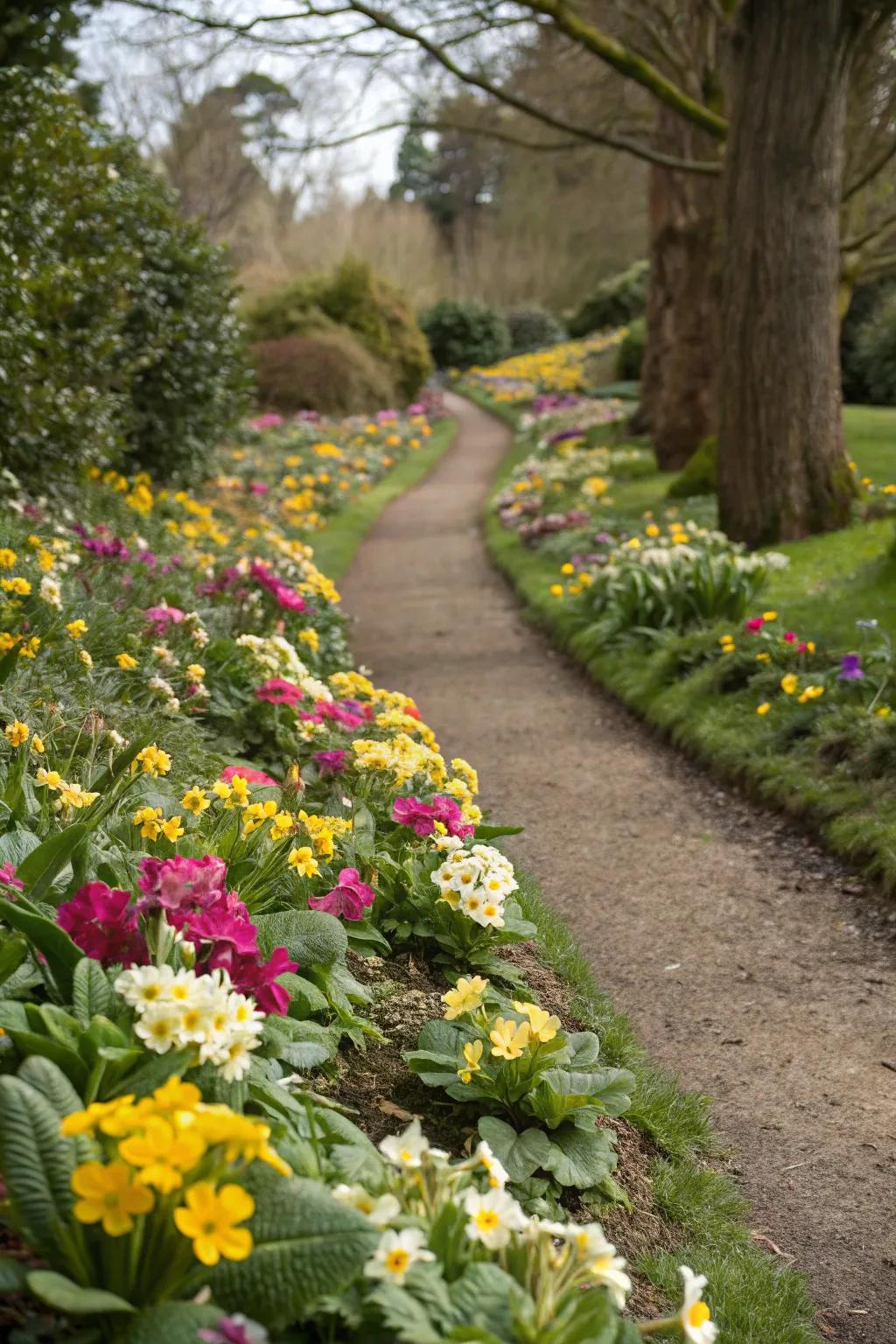 Primroses lining a garden path add a whimsical touch.