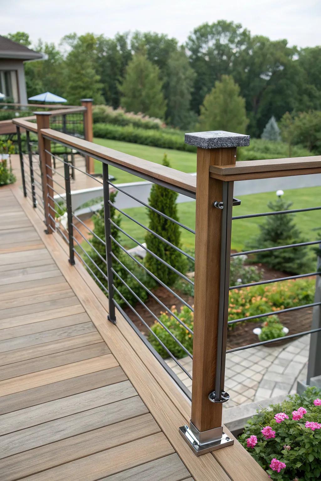 A chic deck railing with a blend of wood and metal for a contemporary edge.