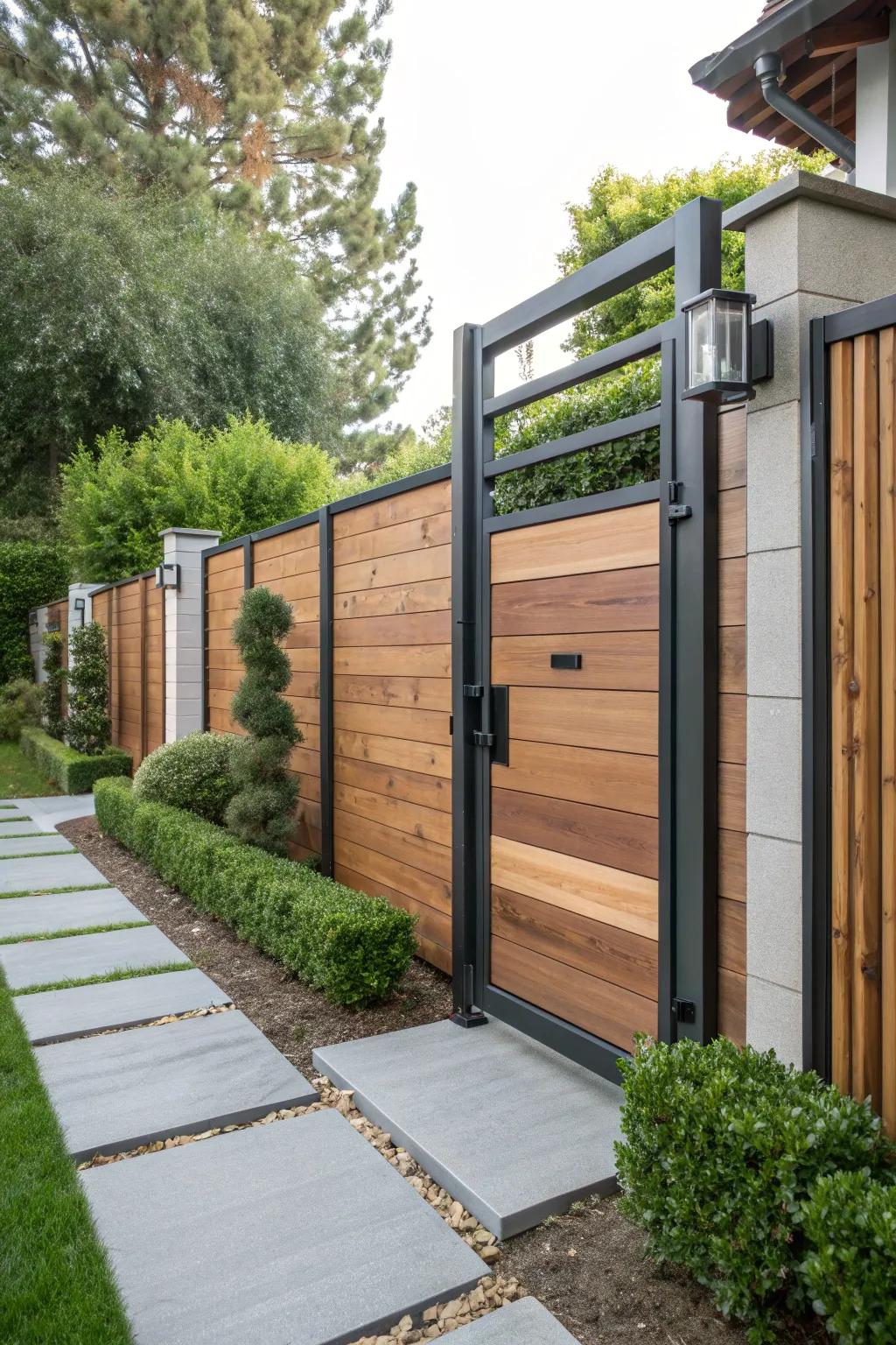 A modern blend of wood and metal creating a chic and durable gate.