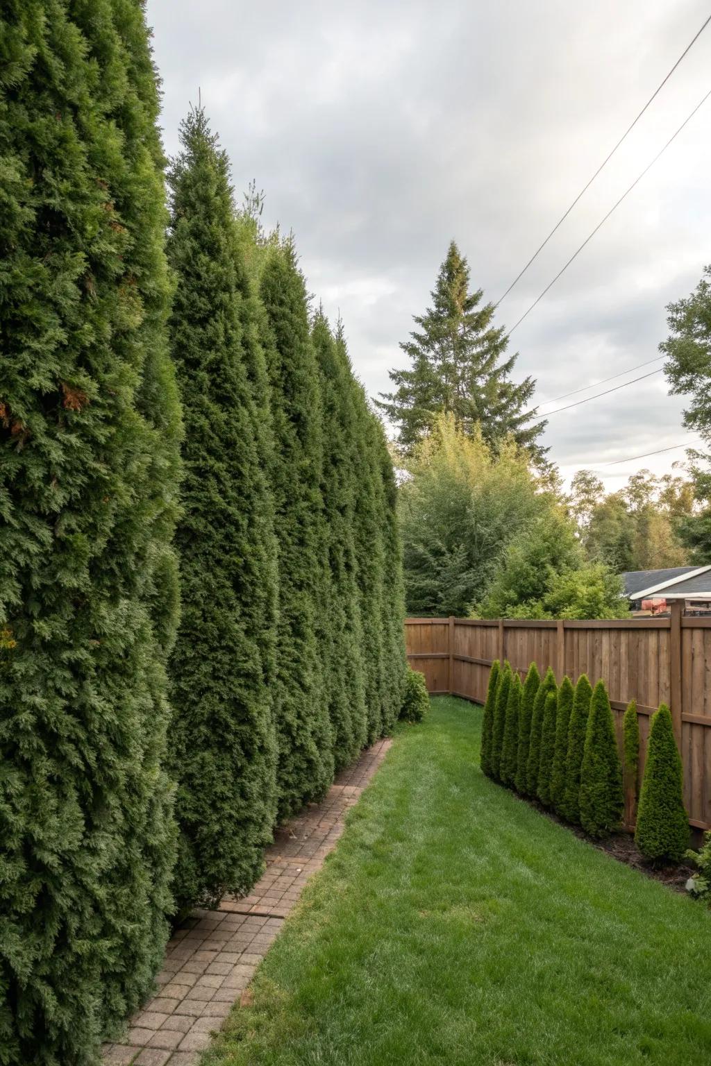 Evergreen hedges create a natural privacy barrier.