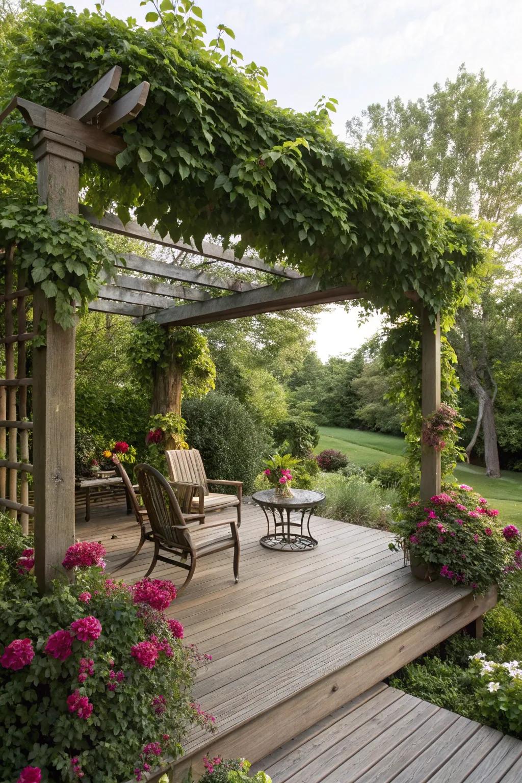 Create a serene escape with a pergola covered in greenery.