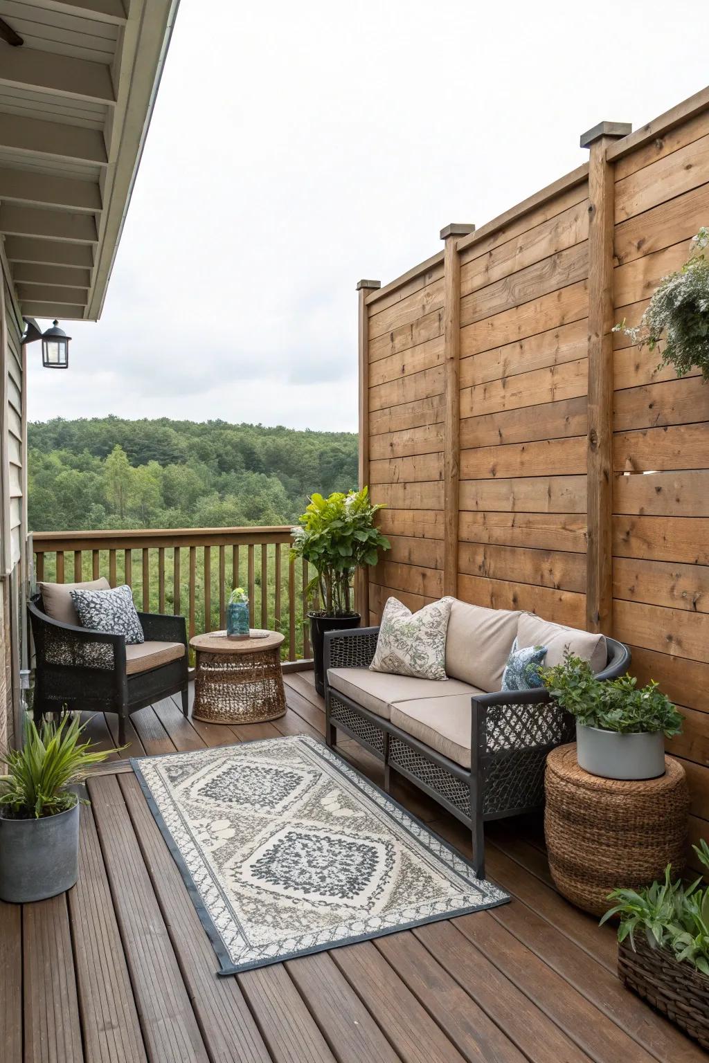 A solid wooden wall provides ultimate privacy and a touch of elegance.