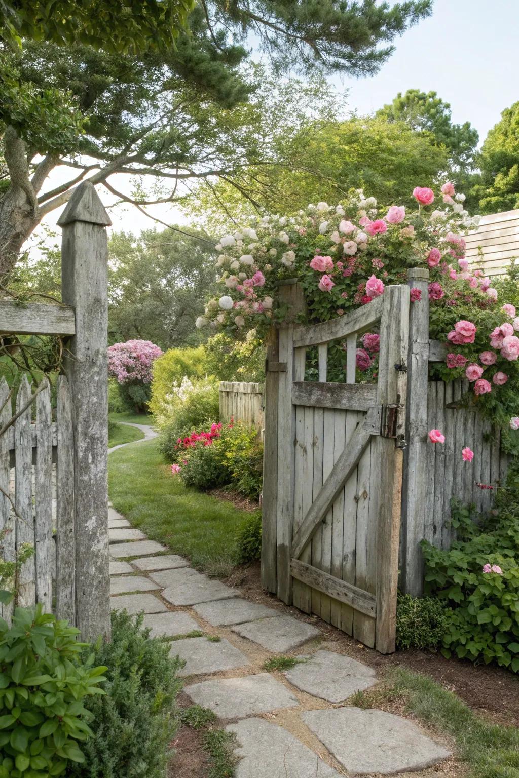 A charming gate sets the tone for a welcoming entry.