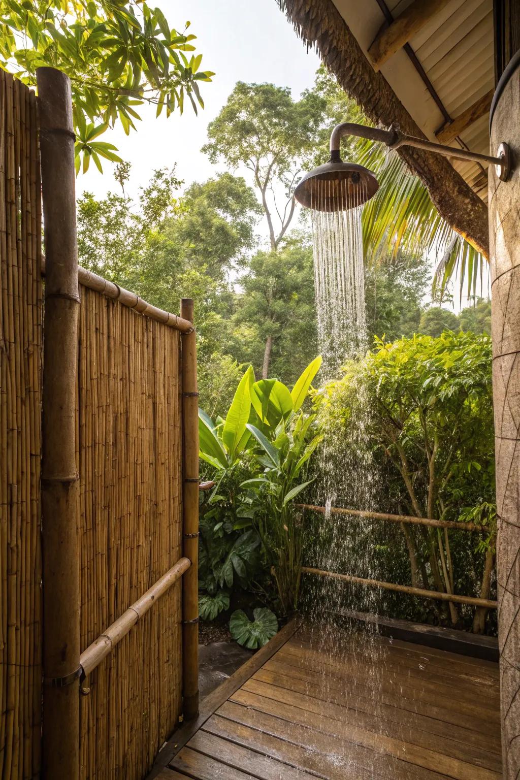 A tropical oasis featuring bamboo and greenery for a refreshing shower retreat.