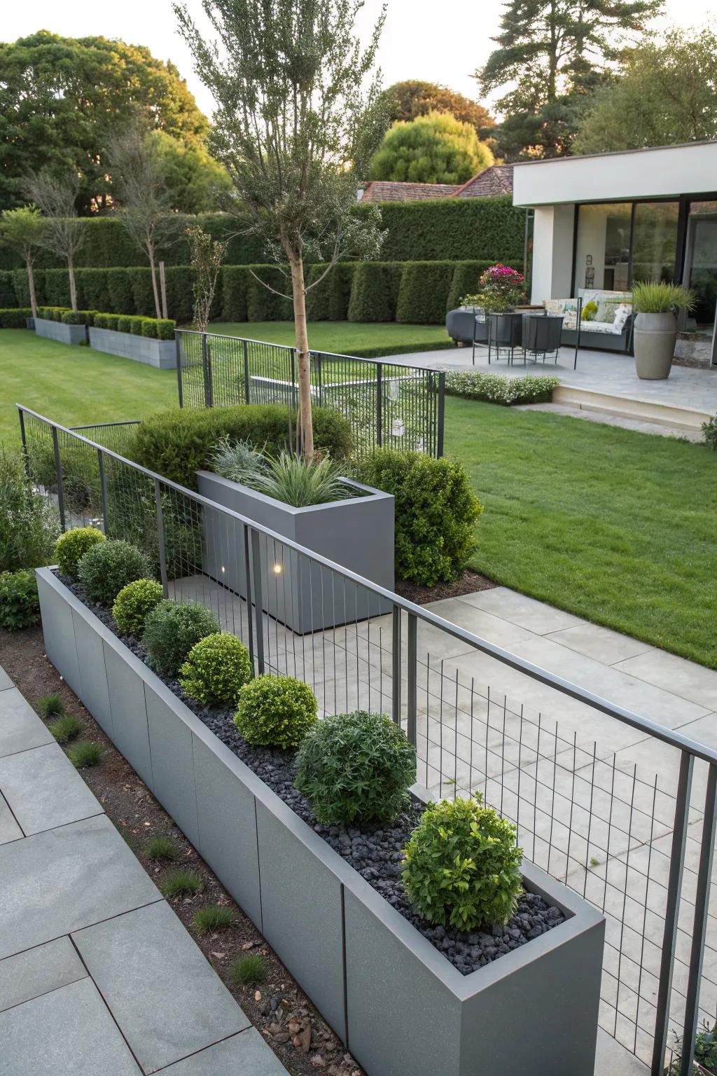 Sleek metal fencing for a modern touch.