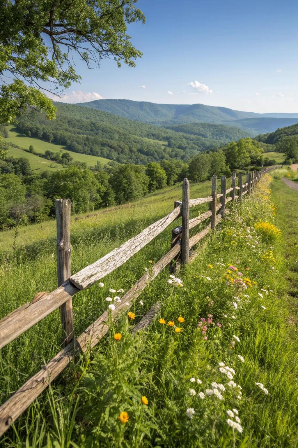 Rustic split-rail fence blending with the natural landscape.