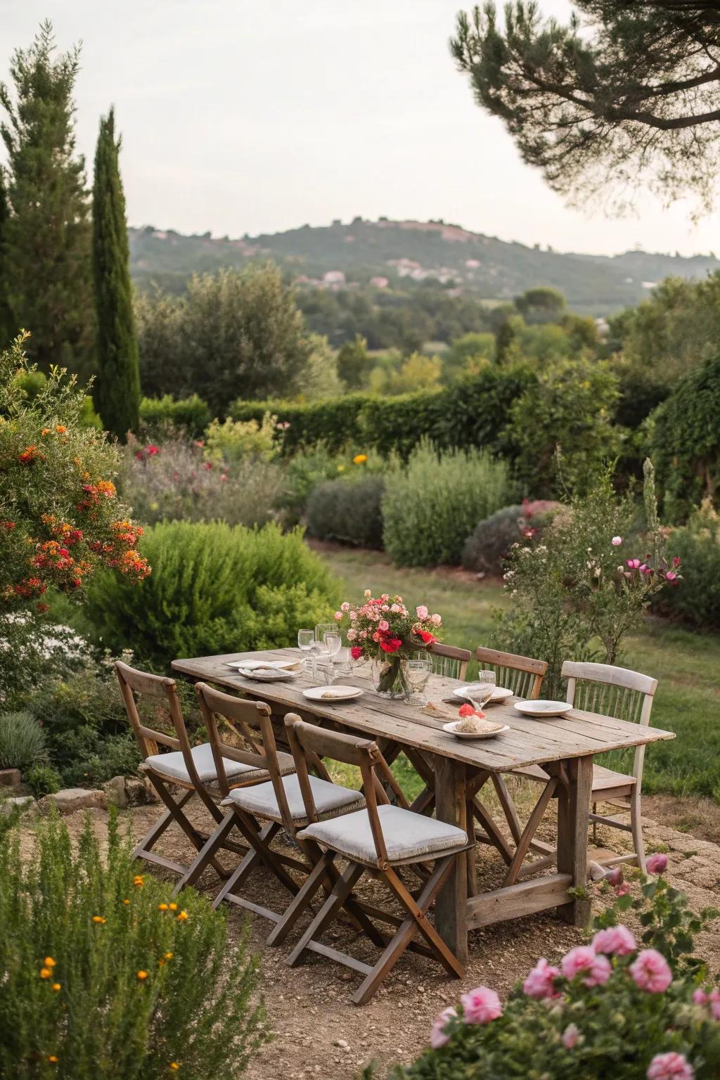 Rustic dining set nestled in a lush garden setting.