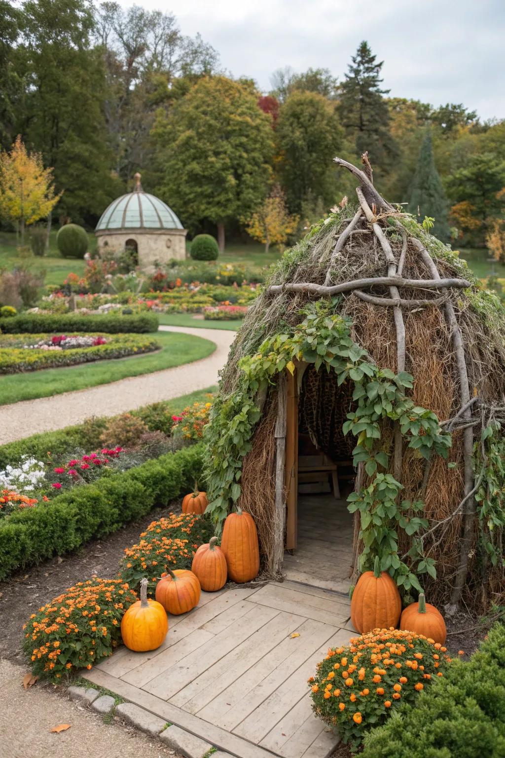 A charming pumpkin hut offering a whimsical retreat in the garden.