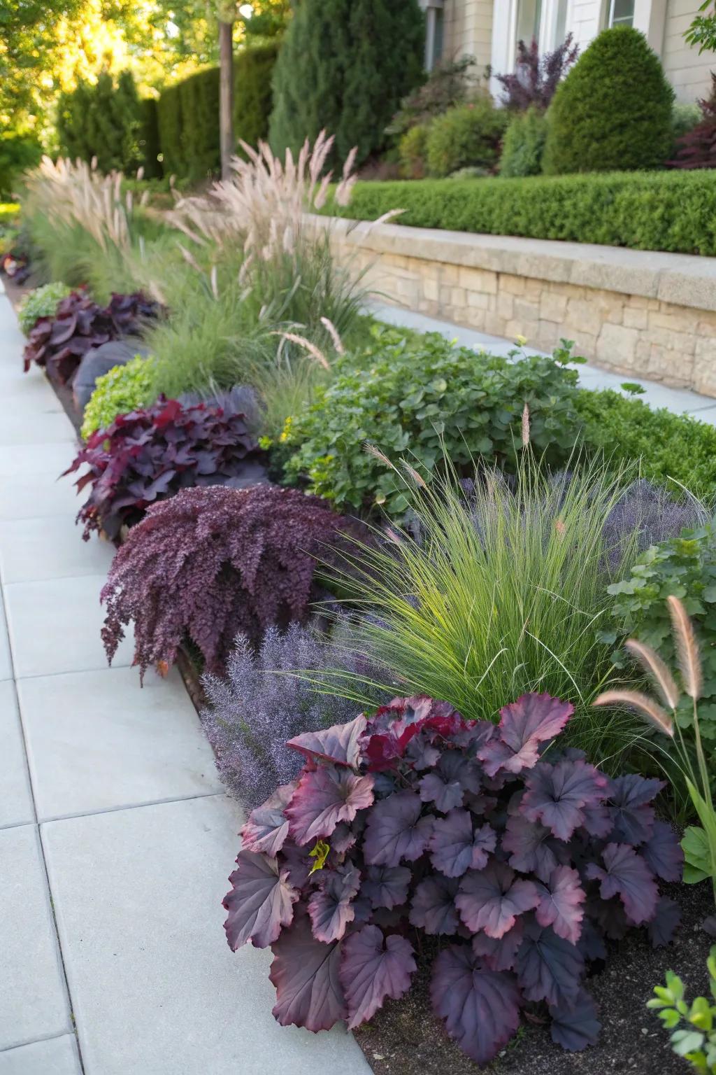 Purple foliage creating dramatic contrasts in the garden.