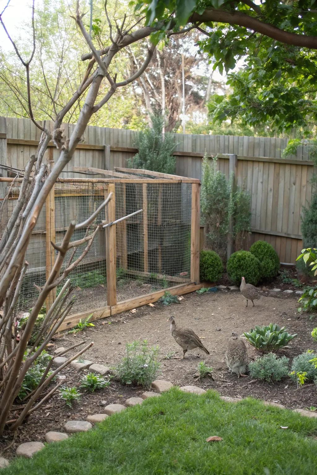 A natural quail enclosure with plenty of greenery for exploration.