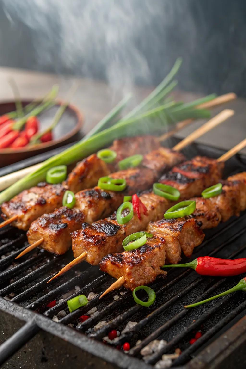 Spicy and flavorful Korean BBQ chicken skewers on the grill.