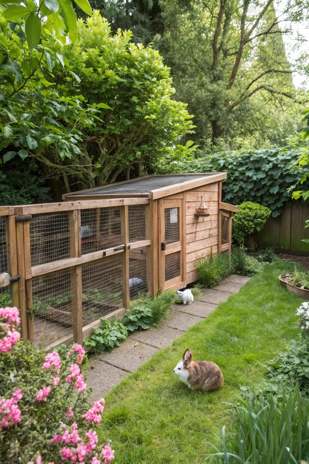 A wooden rabbit enclosure in a garden, offering space and safety.