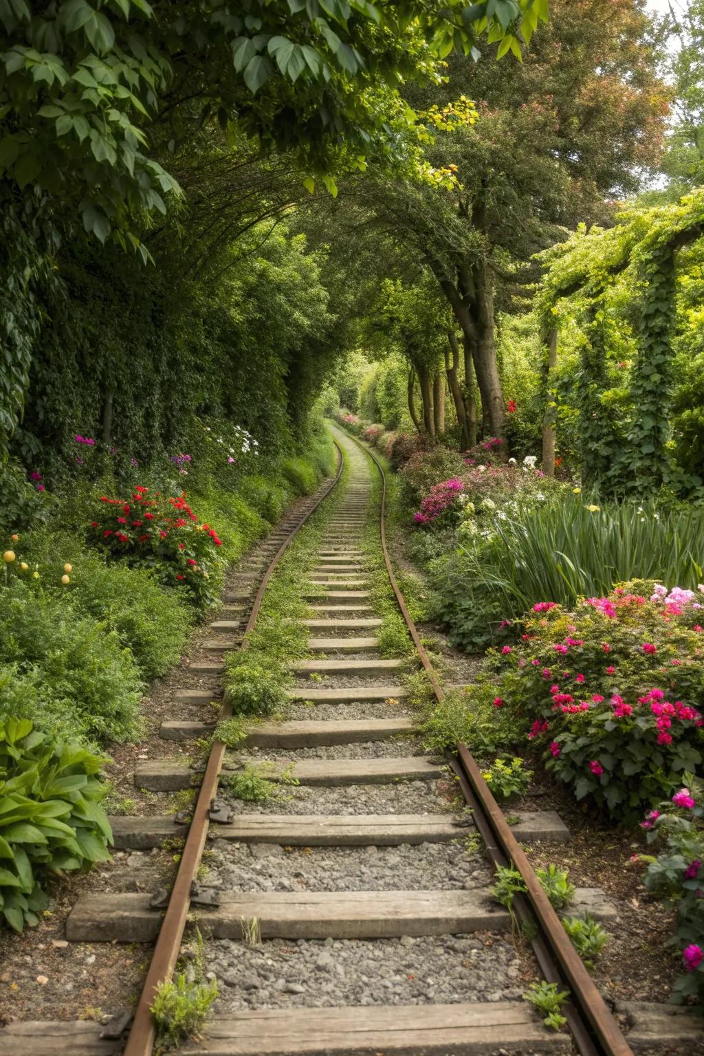A charming pathway bordered by railroad ties.
