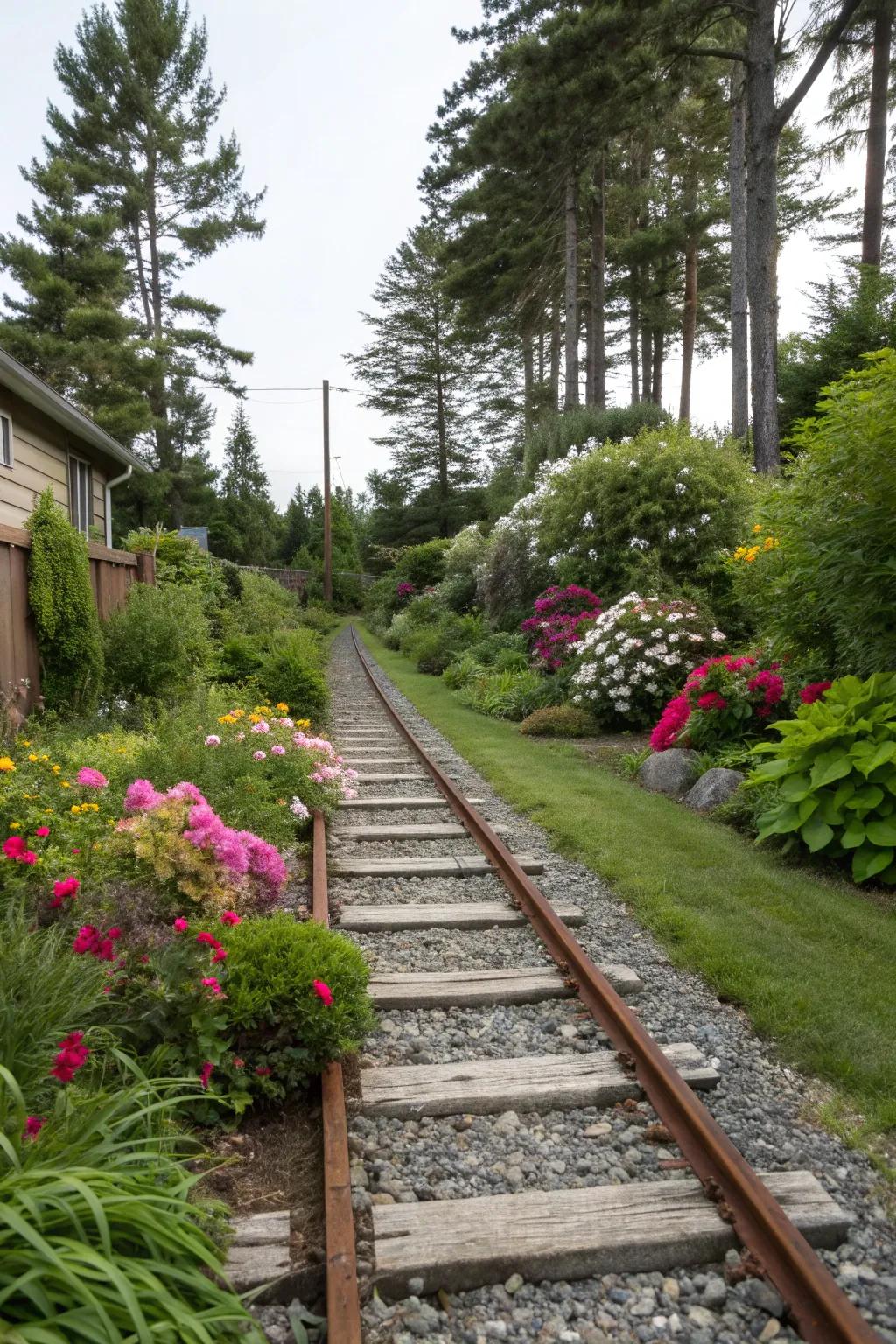 Guide your garden exploration with a rustic railroad tie pathway.