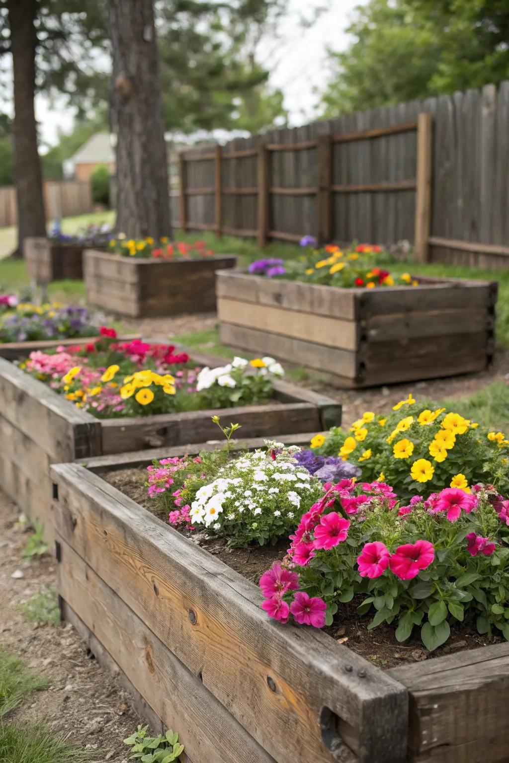 Rustic raised flower beds crafted from railroad ties, bursting with colorful blooms.