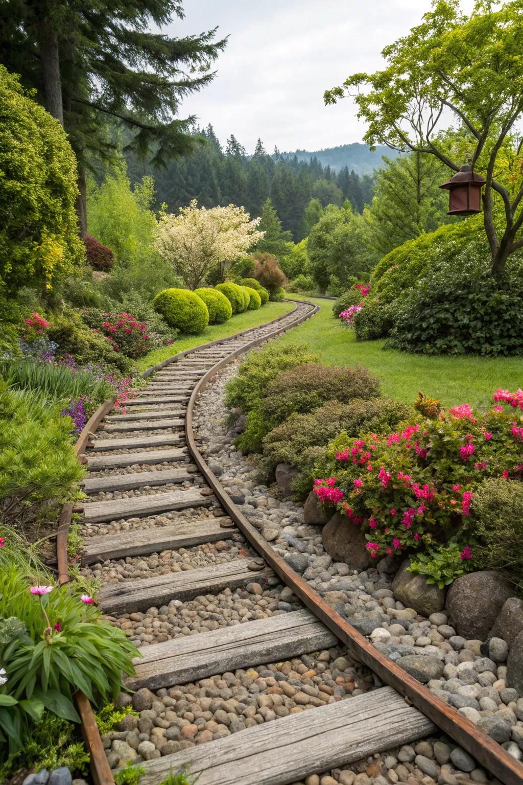 Railroad ties and stones work together to form a beautiful garden path.