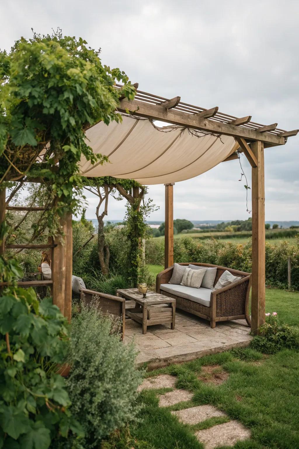A pergola with a rain canopy creating a perfect outdoor retreat.