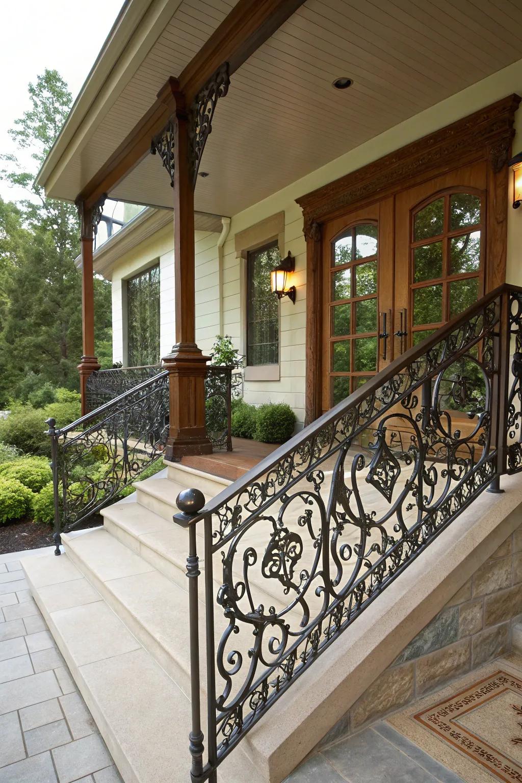 A raised porch with intricate wrought iron railings adds elegance and safety.