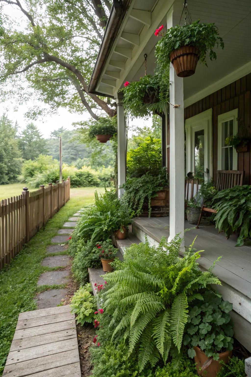 A green oasis on a raised porch featuring lush ferns and hanging plants.