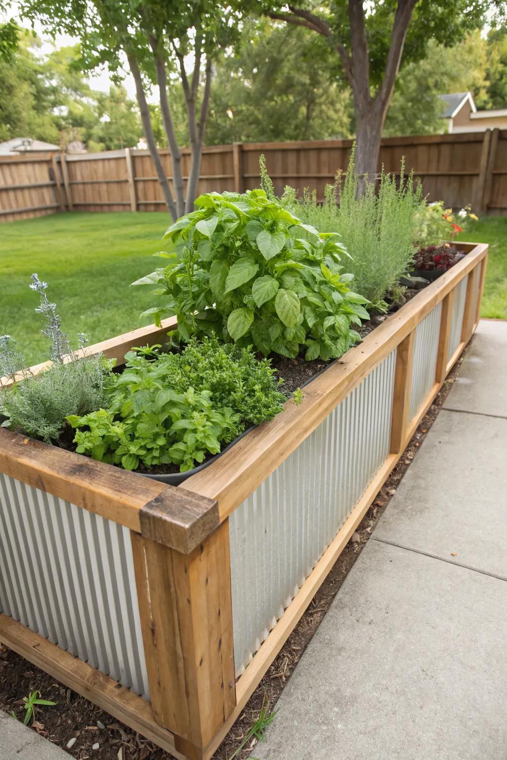Corrugated metal adds a contemporary edge to raised garden beds.